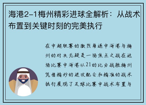 海港2-1梅州精彩进球全解析：从战术布置到关键时刻的完美执行